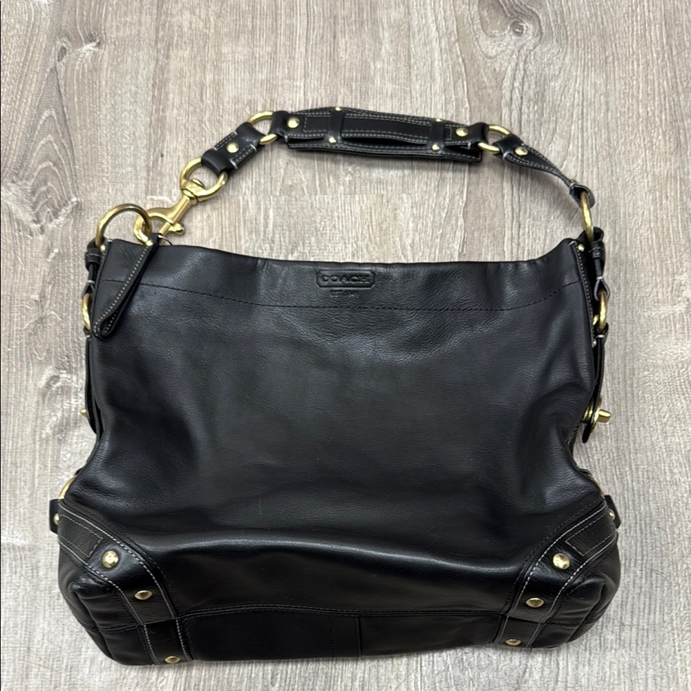 Coach Black Leather Shoulder Bag with Silver Accents